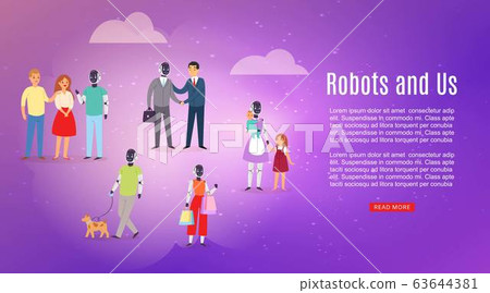 People groups and robots, robotic assistance artificial intelligence and relationship concept cartoon vector illustration. People groups and robots, robotic assistance artificial intelligence and relationship concept cartoon vector illustration. 63644381