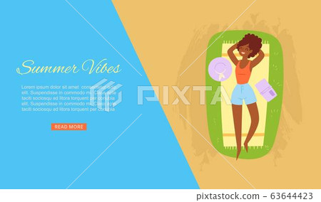 Summer vibes dark skinned girl taking sun bath on sea beach banner with ocean sand holiday elements vector illustration. Summer vibes dark skinned girl taking sun bath on sea beach banner with ocean sand holiday elements vector illustration. 63644423