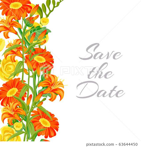 Save the date card with summer orange flowers, bouquet floral cartoon background vector illustration. 63644450