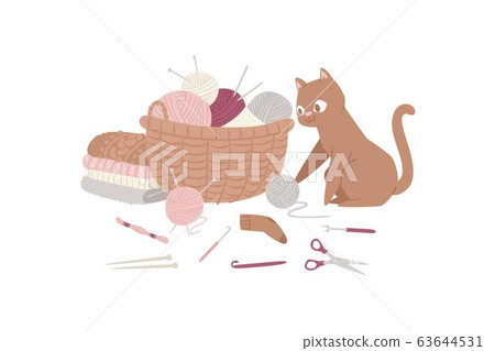 Knitting and kitten with threads, knitted scarf, cap, sweater, yarn balls and basket of wool cartoon vector illustration. 63644531