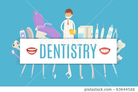 Dentistry with dental doctor, stomatology tools for dental health care chair and stomatologist man cartoon vector illustration for dentist cabinet. Dentistry with dental doctor, stomatology tools for dental health care chair and stomatologist man cartoon vector illustration for dentist cabinet. 63644588