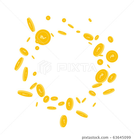 Indian rupee coins falling. Scattered disorderly I 63645099