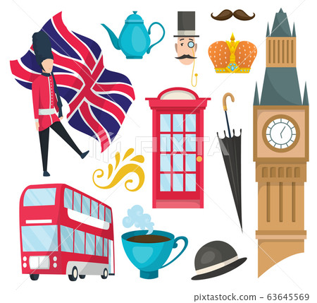 Hand drawn doodle United Kingdom. Set vector illustration UK icons. Welcome to London elements. Britannia symbols collection 63645569