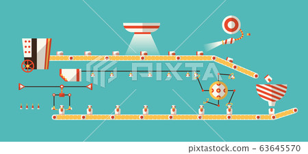 Factory industrial technology for production and manufacturing process. Vector horizontal isolated presents packaging conveyor in flat style for banners, websites, printed materials, infographics 63645570