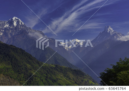 Mount Machhapuchhre or Fishtail in the Himalayas in Nepal. We can see the peak of Machhapuchhre along the way between the walking path to the Annapurna Base Camp. Mount Machhapuchhre or Fishtail in the Himalayas in Nepal. We can see the peak of Machhapuchhre along the way between the walking path to the Annapurna Base Camp. 63645764