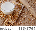 soy milk and soybean on the cutting board 63645765