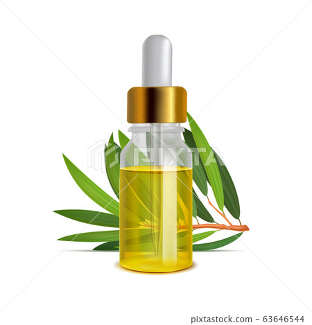 Tea Tree Oil Bottle with Leaves in Realistic Style 63646544