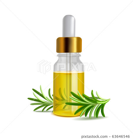 Rosemary Oil Bottle with Leaves in Realistic Style Rosemary Oil Bottle with Leaves in Realistic Style 63646546