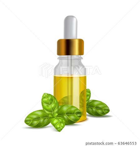 Basil Oil Bottle with Leaves in Realistic Style 63646553