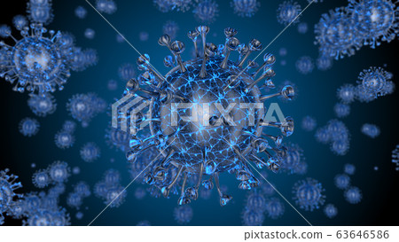 Corona COVID-19 Alert SOS. Pandemic bacteria pathogen medical health risk, immunology, virology, epidemiology concept. Microscope virus cell. 3D illustration 63646586
