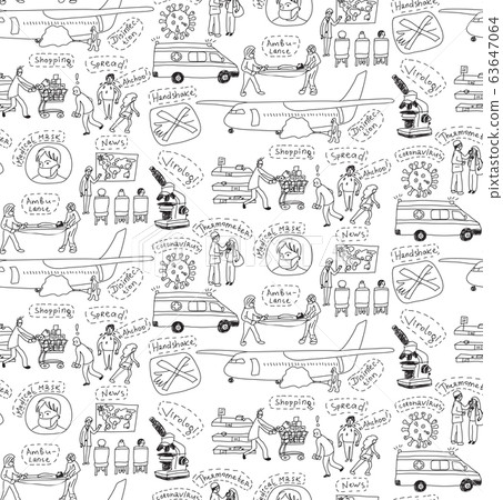 Epidemic pandemic virus scene people seamless pattern black and white Epidemic pandemic virus scene people seamless pattern black and white 63647064