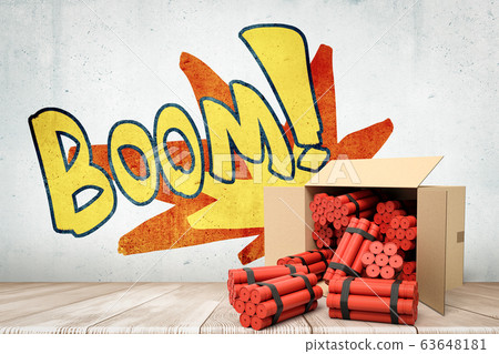 3d rendering of cardboard box lying sidelong with dynamite bundles scattered out near grungy wall with title 'BOOM' 63648181