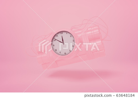 3d rendering of pastel pink dynamite bundle with time bomb floating on pink background of the same color. 3d rendering of pastel pink dynamite bundle with time bomb floating on pink background of the same color. 63648184