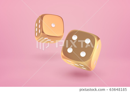 3d close-up rendering of two glossy gold dice bouncing on yogurt pink background. 63648185