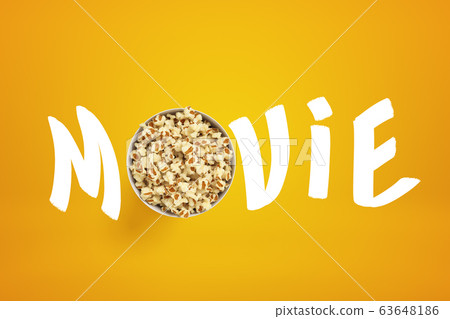 3d rendering of 'MOVIE' sign with popcorn bucket instead of 'O' letter on yellow background 63648186