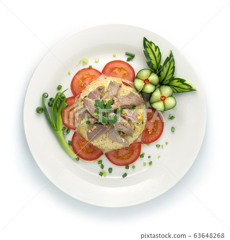Fried Rice with Pork decorate with carved Cucumber Fried Rice with Pork decorate with carved Cucumber 63648268