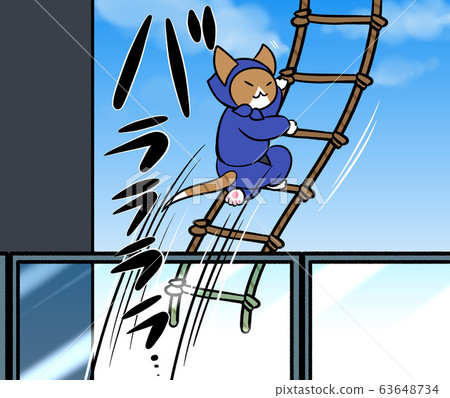 A cat in the form of a ninja moving from the air grabbed by a ladder 63648734