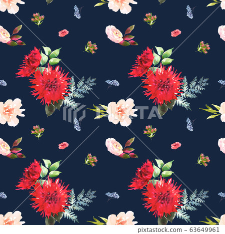 Bright Wedding bridal romanric bouquet seamless pattern. Hand drawing watercolor red and purple and green flowers ornament Bright Wedding bridal romanric bouquet seamless pattern. Hand drawing watercolor red and purple and green flowers ornament 63649961