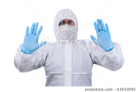 epidemiologist in a protective suit shows a epidemiologist in a protective suit shows a 63650095