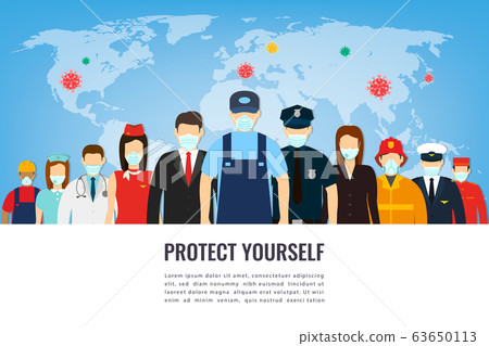 People in protective medical masks. Protection mask against virus, infectious diseases and flu. Coronavirus quarantine concept. Vector People in protective medical masks. Protection mask against virus, infectious diseases and flu. Coronavirus quarantine concept. Vector 63650113