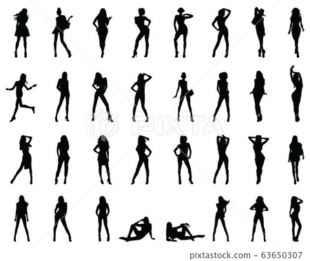 Black silhouettes of beautiful girls in various poses on a white background 63650307