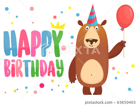 Cartoon funny bear holding red balloon. Happy birthday lettering illustration Cartoon funny bear holding red balloon. Happy birthday lettering illustration 63650403