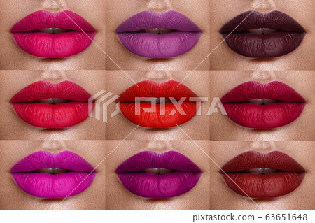Collection of lips colorful hues. The palette of lipsticks. Close-up Collection of lips colorful hues. The palette of lipsticks. Close-up 63651648