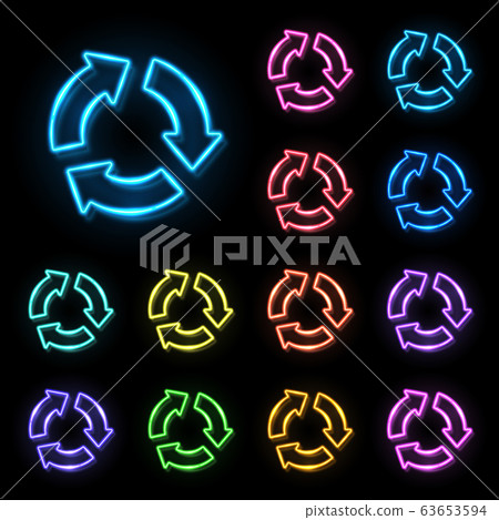 3d color neon 3 in circle arrows set on black background. Zero Waste Reuse Recycle icon for web internet. Glowing light recycling symbol. Refresh reload pointer concept. Bright vector illustration. 63653594