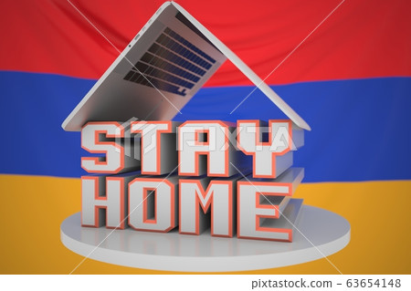 Portable computer and STAY HOME inscription with flag of Armenia as a background. Armenian Coronavirus self-isolation, 3D rendering 63654148