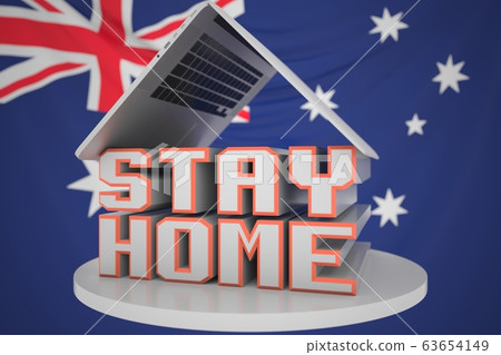 Laptop and STAY HOME text on the Australian flag background. Coronavirus self-isolation in Australia, 3D rendering 63654149