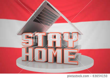 Laptop and STAY HOME text on the Austrian flag background. Coronavirus self-isolation in Austria, 3D rendering Laptop and STAY HOME text on the Austrian flag background. Coronavirus self-isolation in Austria, 3D rendering 63654150