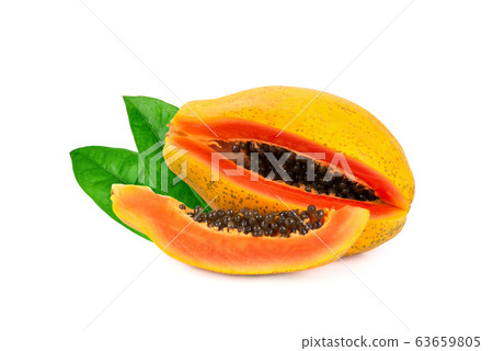 ripe papaya fruit with green leaf isolated on ripe papaya fruit with green leaf isolated on 63659805