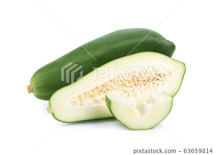 green papaya with slice and half isolated on white 63659814