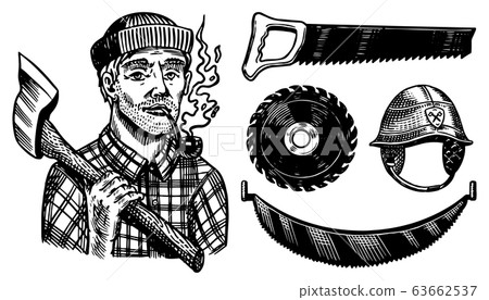 Lumberjack with axe. Woodsman character and work tools Set. Downed logs, Saw or chainsaw. Hand drawn 63662537