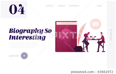 Female Radio Host Character Interviewing Famous Writer Landing Page Template. Announcement of New Biography Book 63662972