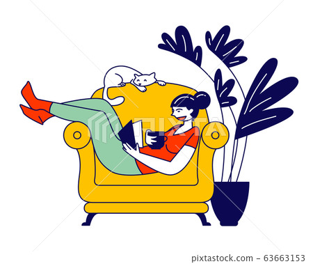 Reading Books Hobby. Young Woman Sitting on Cozy Armchair at Home Read Interesting Book with Cat Sleeping beside 63663153