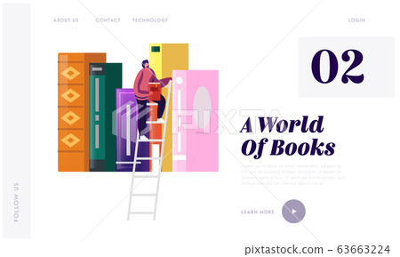 Woman in Library Reading and Searching Books Landing Page Template. Girl Student in Athenaeum Room with Bookshelf 63663224