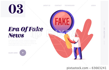 Social Media Forgery Information Landing Page Template. Male Character with Huge Magnifying Glass Looking on Fake News 63663241