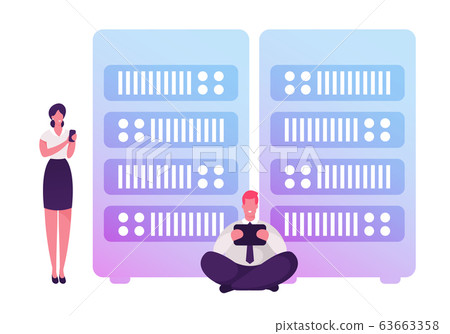 Businessman with Tablet Pc and Businesswoman with Smartphone Stand in Data Server Room using Intranet Businessman with Tablet Pc and Businesswoman with Smartphone Stand in Data Server Room using Intranet 63663358