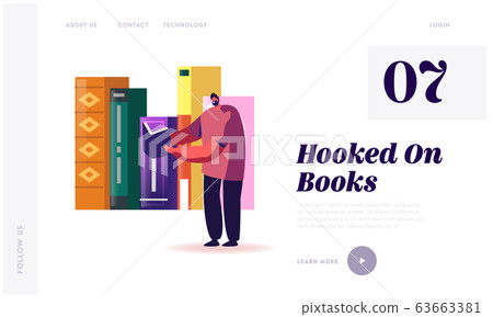 Education, Gaining Knowledge Landing Page Template. Tiny Man Student Character Stand on Bookshelf with Huge Books Education, Gaining Knowledge Landing Page Template. Tiny Man Student Character Stand on Bookshelf with Huge Books 63663381