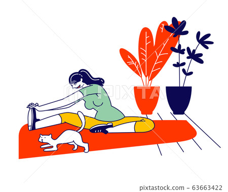 Young Woman Sitting on Floor with Cat in Room Interior Doing Stretching Exercises for Healthy Body. Fitness 63663422