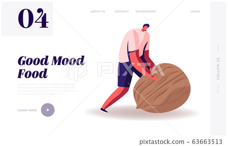 Wellbeing Lifestyle Website Landing Page. Man Rolling Huge Nut. Healthy Organic Nutrition with Low Carbs Wellbeing Lifestyle Website Landing Page. Man Rolling Huge Nut. Healthy Organic Nutrition with Low Carbs 63663513