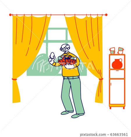 Senior Man Hold Basket with Decorated Eggs for Easter Celebration Stand in Living Room. Christian Tradition Senior Man Hold Basket with Decorated Eggs for Easter Celebration Stand in Living Room. Christian Tradition 63663561