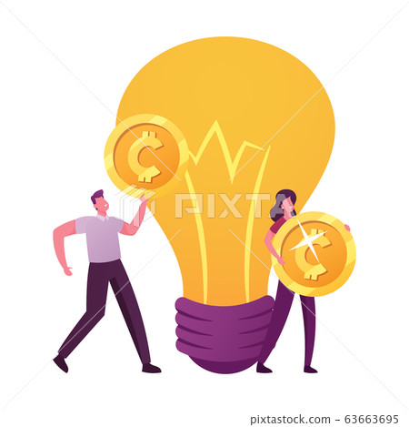 Tiny Male and Female Characters Carry Golden Money Coins at Huge Glowing Lightbulb. People Sponsoring Creative Business Tiny Male and Female Characters Carry Golden Money Coins at Huge Glowing Lightbulb. People Sponsoring Creative Business 63663695