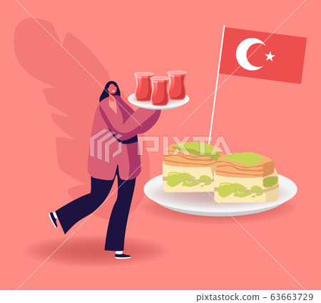 Cheerful Woman Carry Tray with Tea in Glasses near Plate with Traditional Turkish Sweets and Turkey Flag Cheerful Woman Carry Tray with Tea in Glasses near Plate with Traditional Turkish Sweets and Turkey Flag 63663729