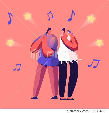 Cheerful Couple Singing Song in Karaoke Bar Standing with Microphones on Stage of Nightclub. Weekend Sparetime Cheerful Couple Singing Song in Karaoke Bar Standing with Microphones on Stage of Nightclub. Weekend Sparetime 63663795
