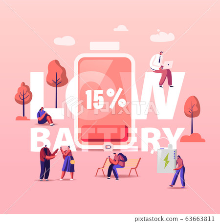Battery Low Level Concept. People Characters Charge Devices, Mobile Phones and Gadgets. People Using Smartphones 63663811