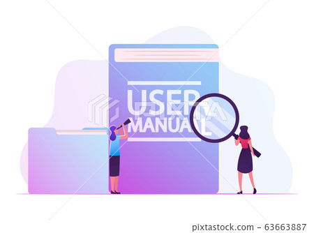 User Manual, Guide Book or Technical Instruction Concept. Tiny Girls Looking through Magnifying Glass and Spyglass 63663887