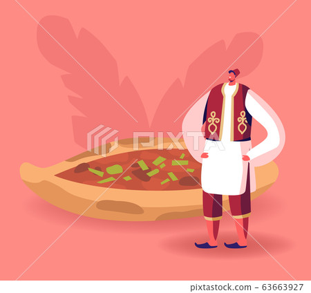 Turkish Food Concept. Man Wearing Traditional Turkey Costume Stand near Pide or Pita with Meat Turkish Food Concept. Man Wearing Traditional Turkey Costume Stand near Pide or Pita with Meat 63663927