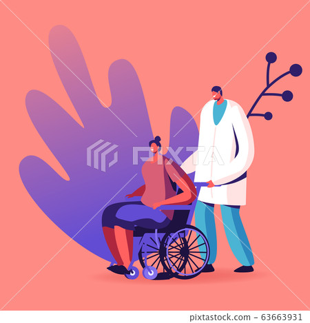 Doctor Character Pushing Wheelchair with Sick Woman Having Vein Thrombosis Disease or Paralyzed Feet 63663931